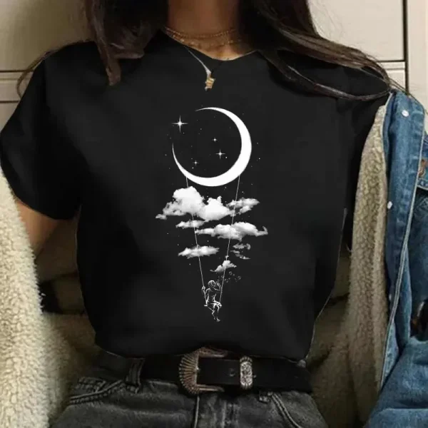 Women - Moon Harajuku Black Casual Tee Shirt