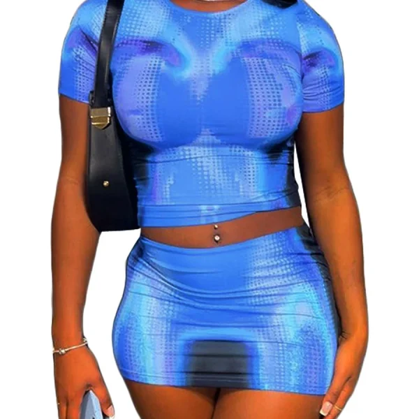 Summer 2Pcs Outfits Tie Dye Short Sleeve T-Shirt Mini Bodycon Skirt