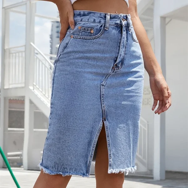 Women's Front Slit Blue Denim Skirt Pockets Slim Zipper